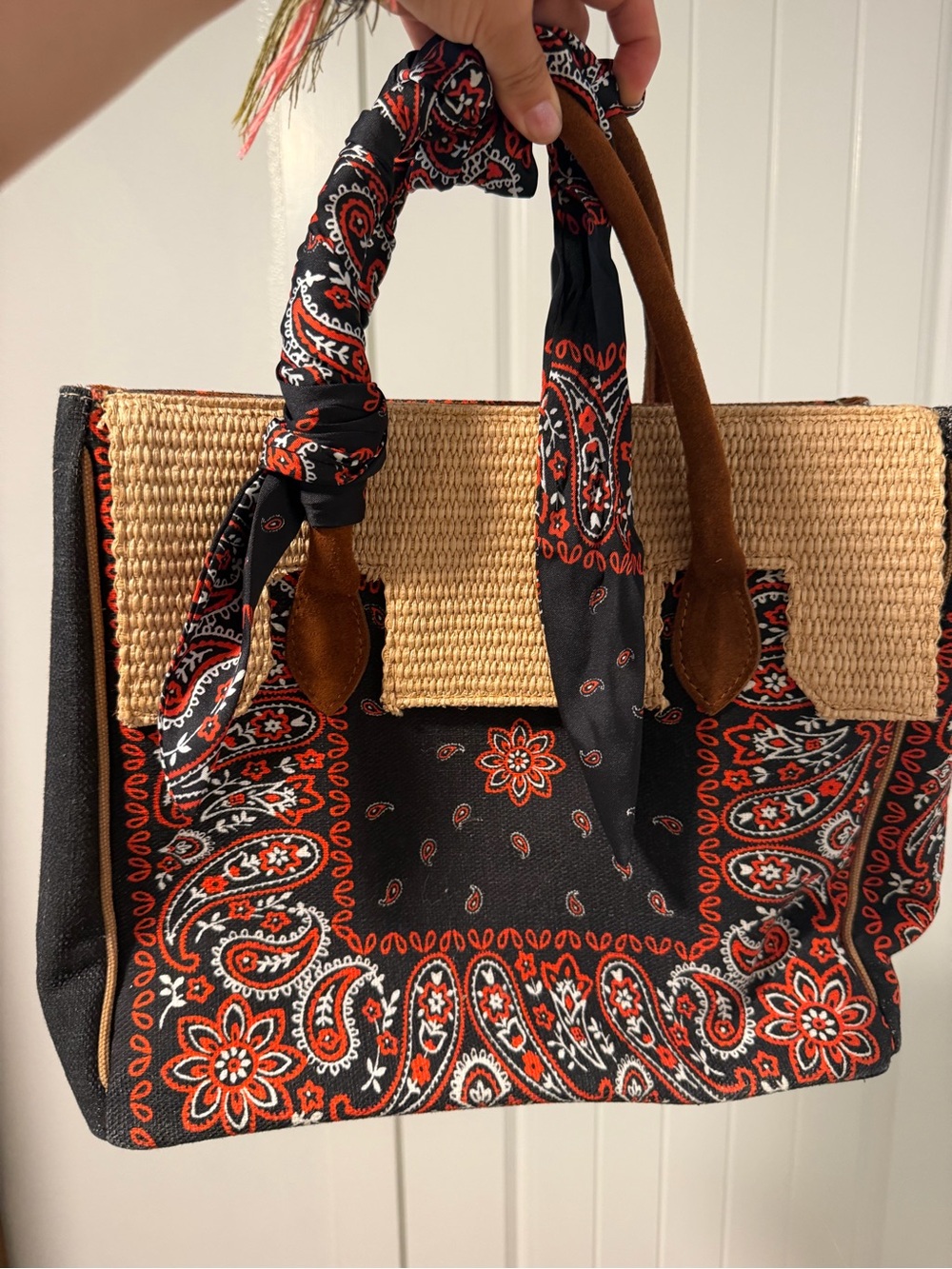 Woven Paisley Canvas Tote with Navy & Red Accent